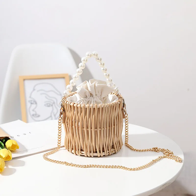 Straw Bag Female 2024 New Lovely Cane Makes Up Manual Bucket Bag One Shoulder Pearl Hand Woven Bag