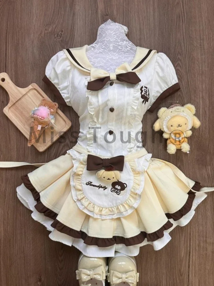 Sweet Japanese College Style Lolita 2 Piece Set Women Patchwork Apron Shirt+fluffy Mini Skirt New Slim Harajuku Cute Suit Autumn