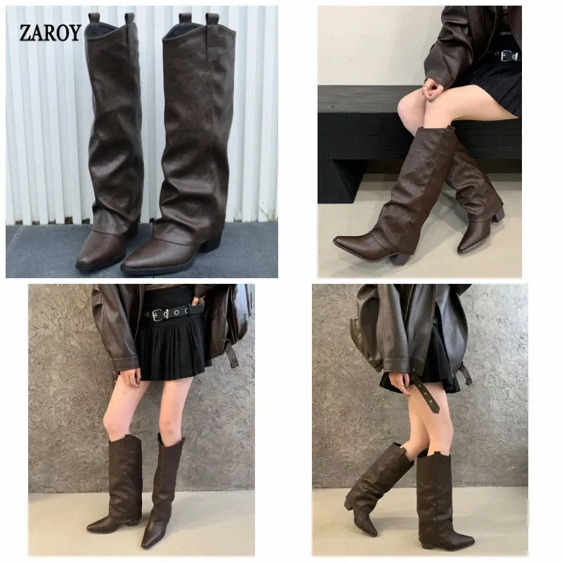 ZAROY Autumn Winter Pointed Toe Knee-High Boots Women Leather Brand Designer Square Low Heels Street Style Party Long Booties
