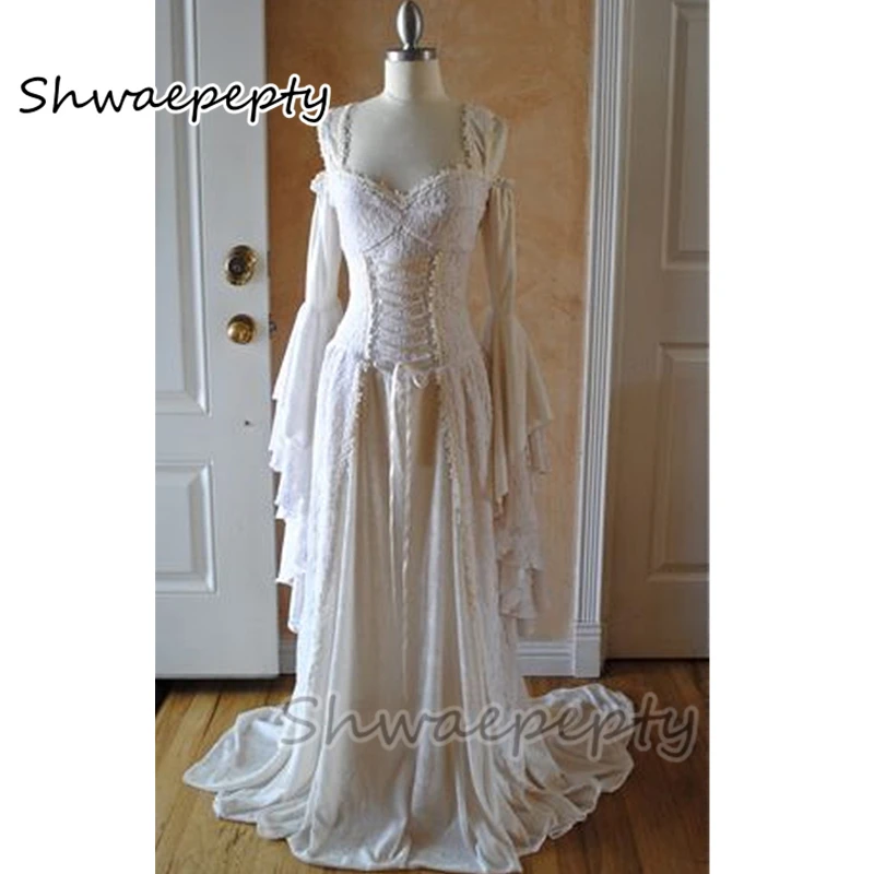 Cletic Medieval Wedding Dress Corset A Line Lace Bridal Gowns Customized Vintage Flare Long Sleeves Women Victorian Dress