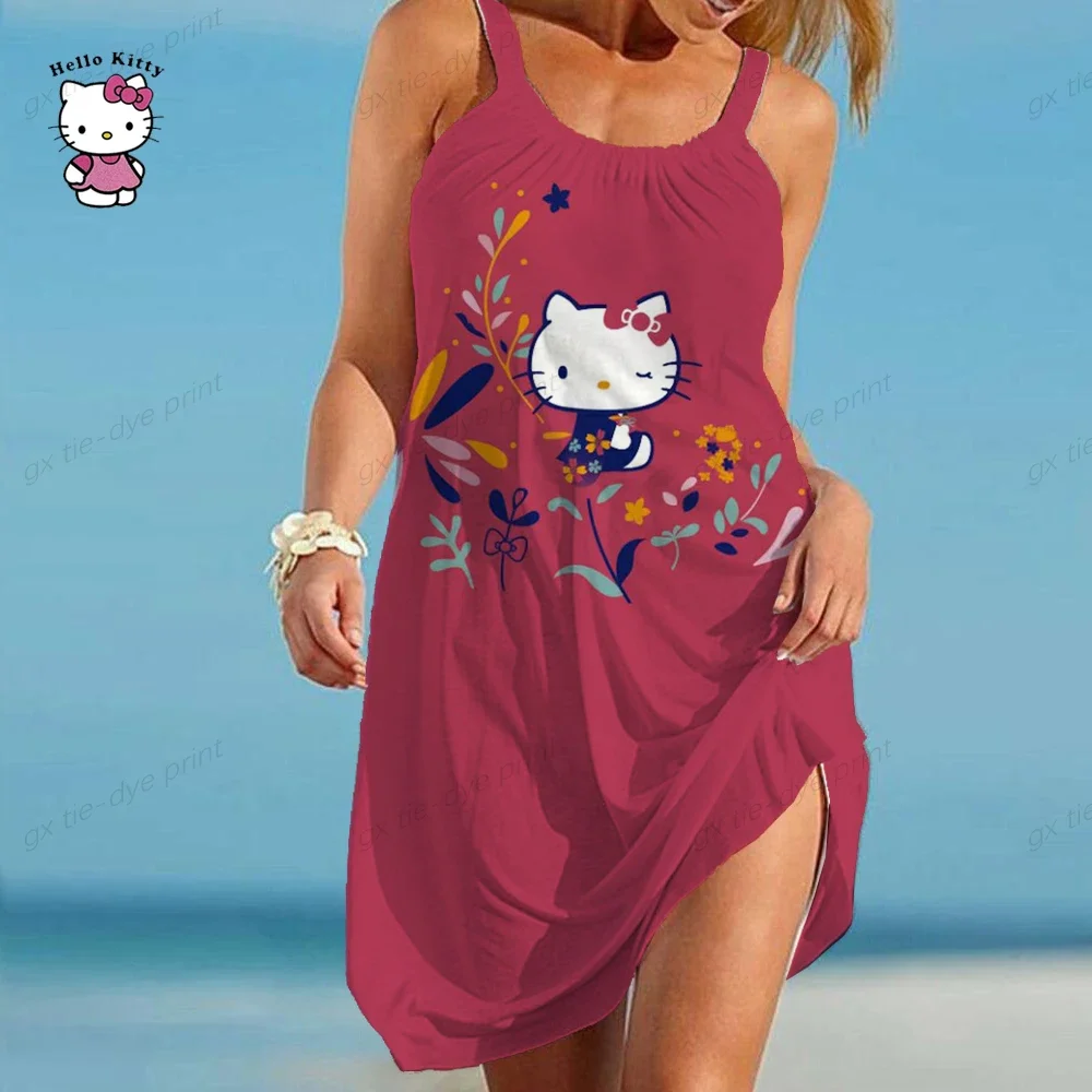 Hello Kitty Print Mouwloze Jurk Vrouwen Vakantie Strand Mini Hawaiiaanse Jurk Boho O Hals Casual Mode Slanke Losse Jurken 2023