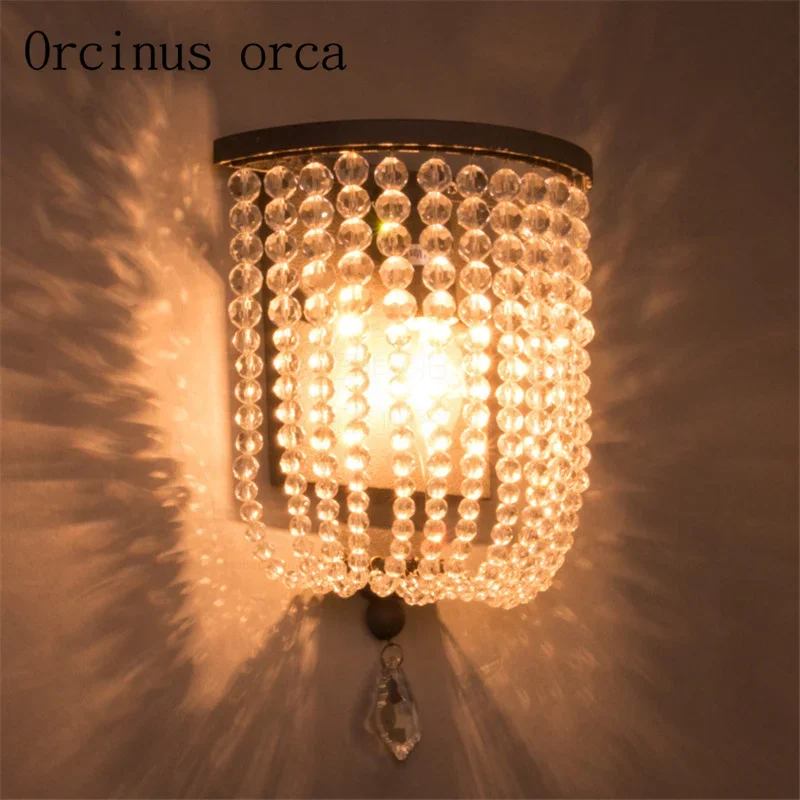 

French retro crystal wall lamp living room corridor porch Princess Room children's room bedroom bedside wooden beads wall lamp