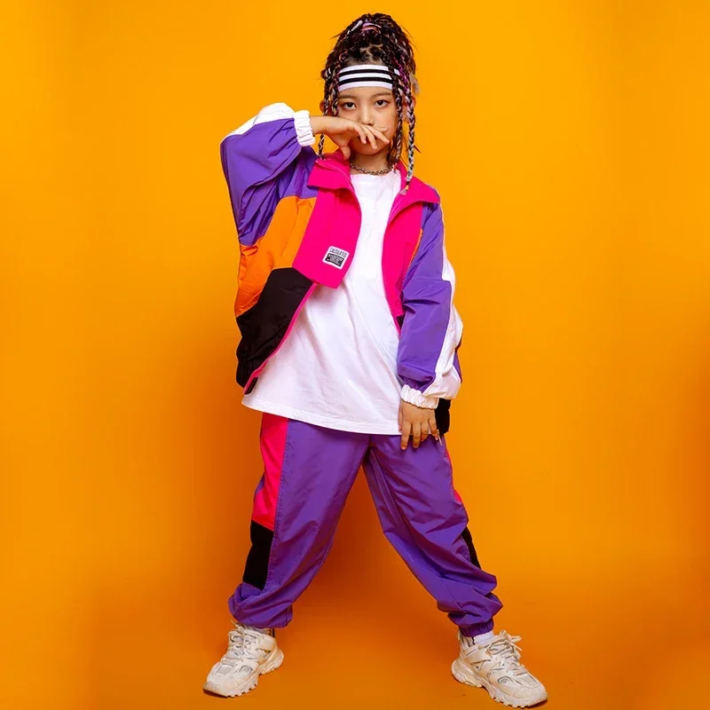 지퍼 재킷 루즈 팬츠 캐주얼 힙합 세트, 소녀 스트리트웨어, 소년 재즈 공연 의상, 어린이 힙합 의류