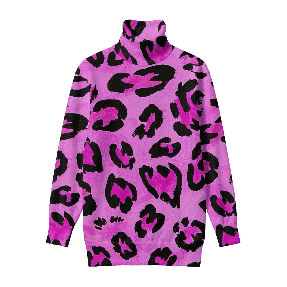 

Модные свитера с высоким воротом и длинными рукавами, градиентные синие акварельные леопардовые принты, художественный цветной дизайн, мода унисекс