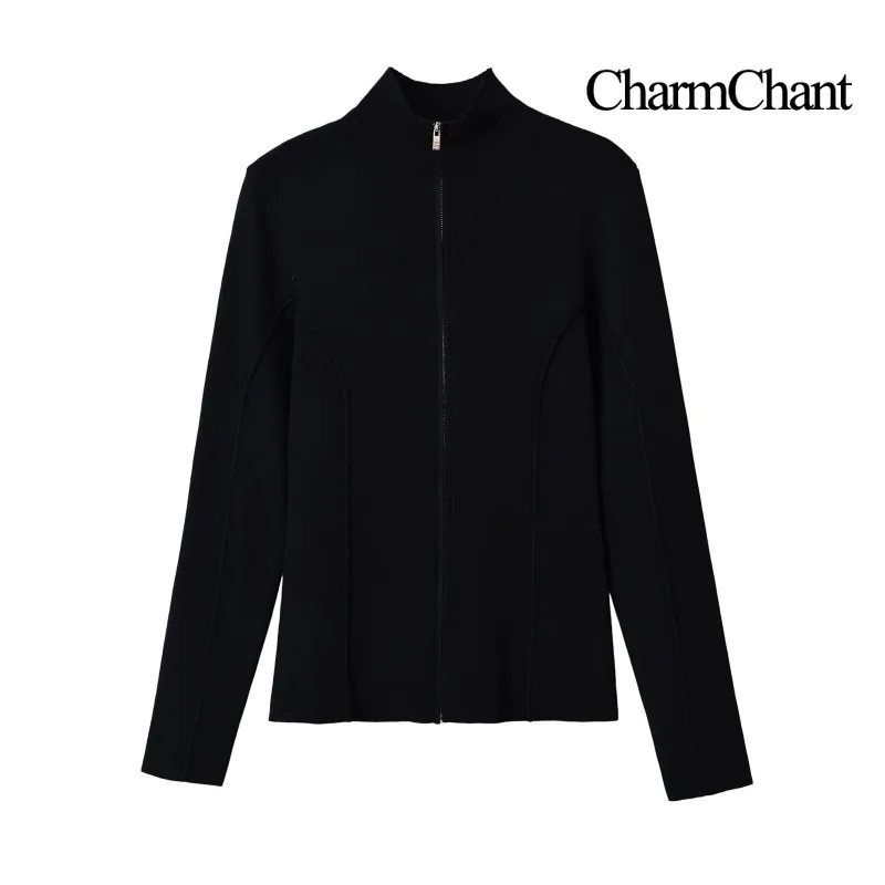 CHARMCHANT Women's Full Zip Ribbed Knit Jacket Slim Fit Stand Collar Long Sleeve Fitted Sweater Jacket Zip Up Top Black 2026