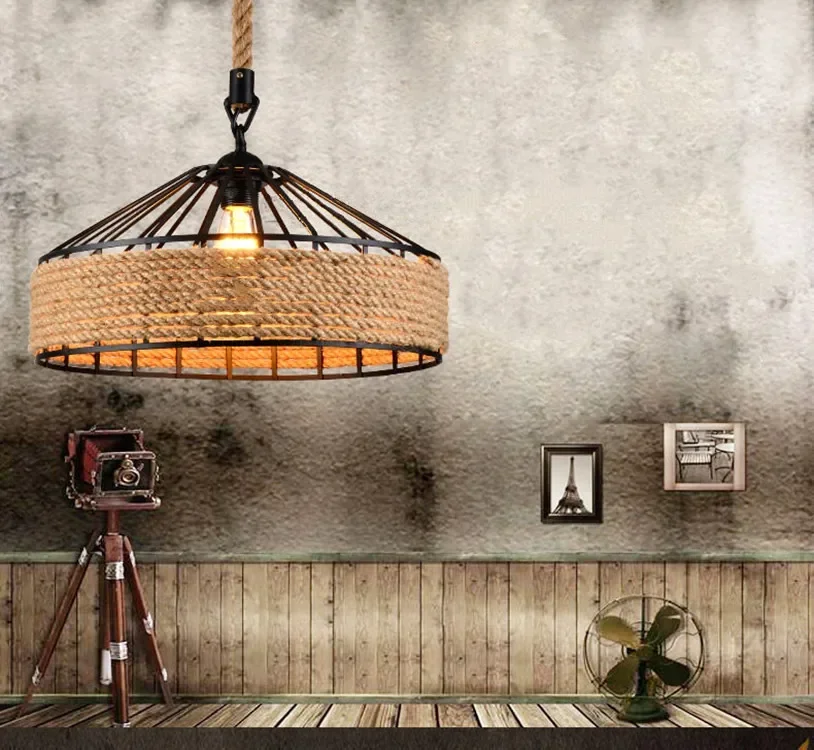 الأمريكية الرجعية حبل القنب الحديد الفن بريق قلادة ضوء الثريا الأسود قاعدة مقهى مطعم الصناعية الإبداعية غرفة المنزل ديكور