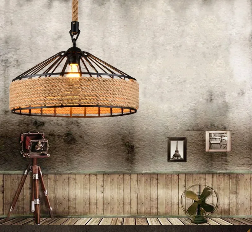 Amerykański Retro Lina Konopna Żelazo Art Lustre Lampa Wisząca Żyrandol Czarna Podstawa Kawiarnia Restauracja Przemysłowy Kreatywny Wystrój Pokoju