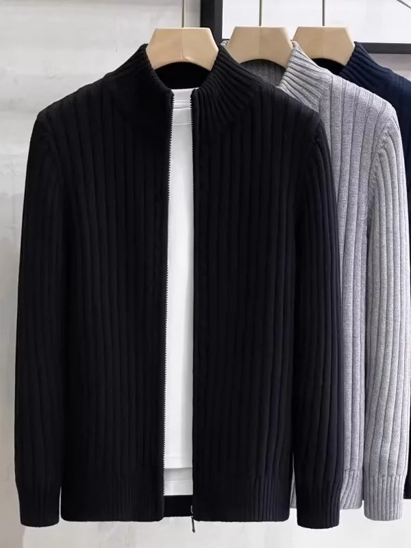 

Korean Sle Slim Fit Zipper Sweater Cardigan Men's Spring Autumn Outerwear Trendy Striped Knitted Coat Youth Polyester Fiber
