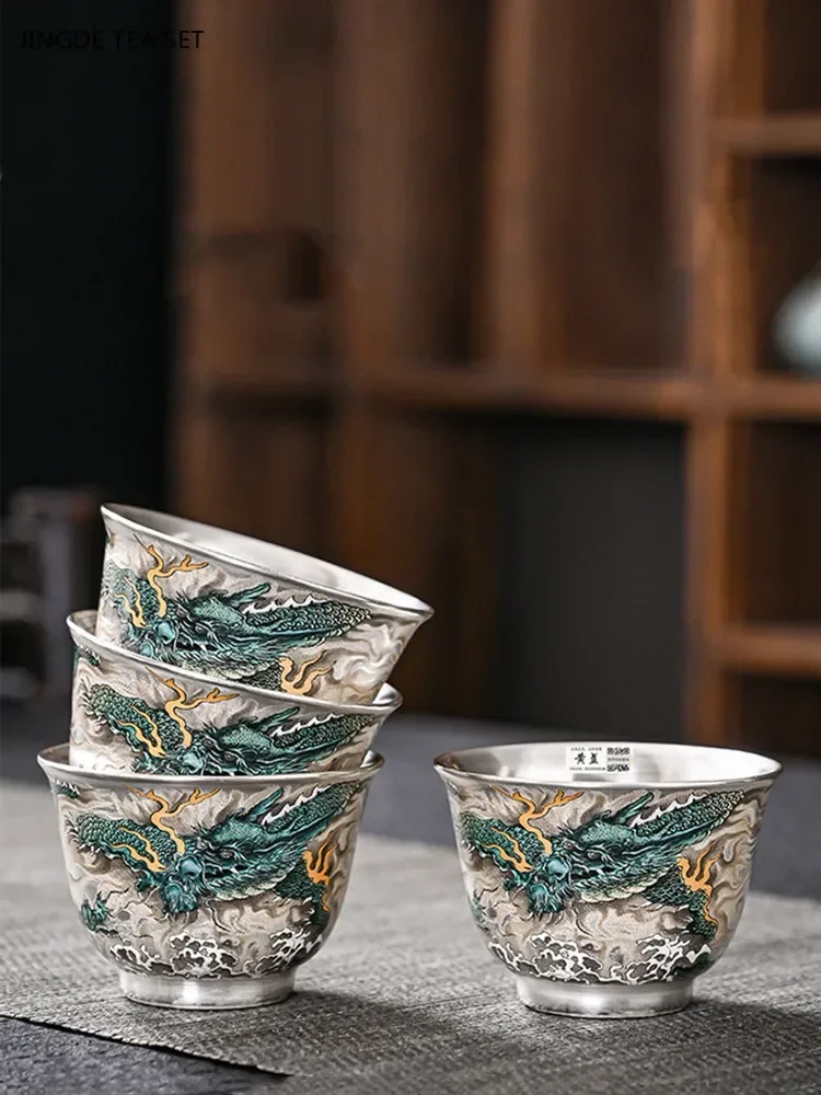 Hand-made Dragon Design Tea Cup High-grade Silver-plated Ceramic Master Cup Home Beauty Teacup Chinese Zen Tea Set Accessories