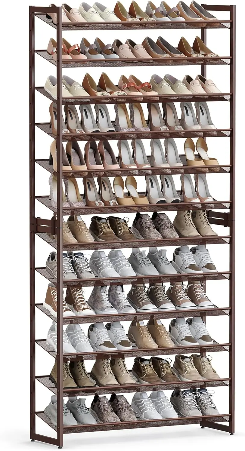 Shoe Rack, 12-Tier Shoe Metal Shoe Storage for Garage, Entryway,with Adjustable Flat or Angled Shelves,Bronze