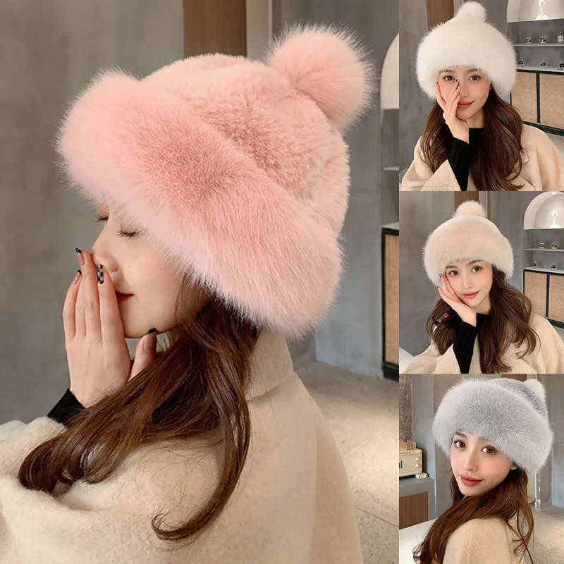 Fur Hat Women Warm Snow Ski Cap Female Faux Fox Fur Bomber Hat Lady Windproof Winter Hats for Women Russian Hat Ushanka