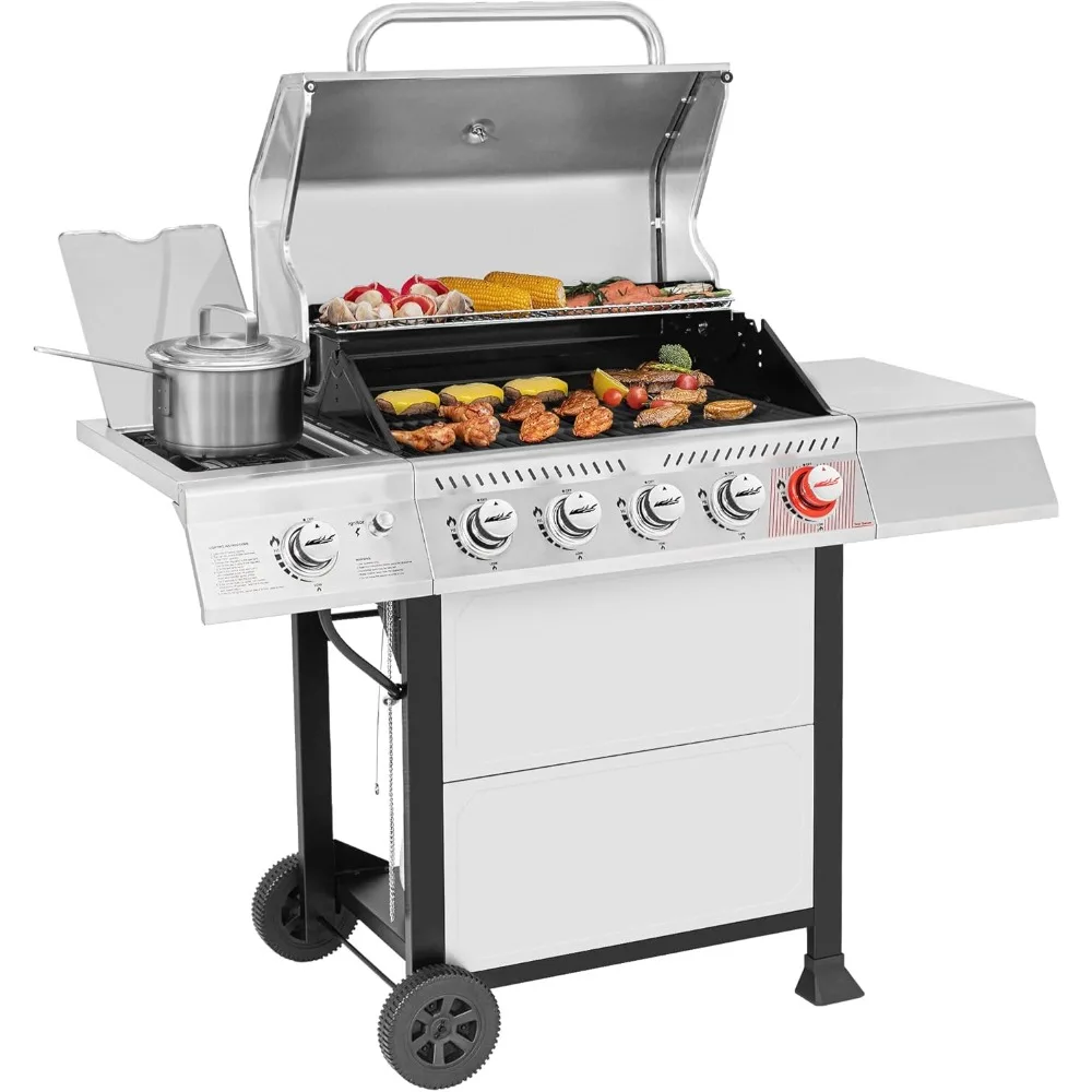 5-Burner BBQ Propane Grill with Sear Burner and Side Burner, Stainless Steel Barbecue Gas Grill