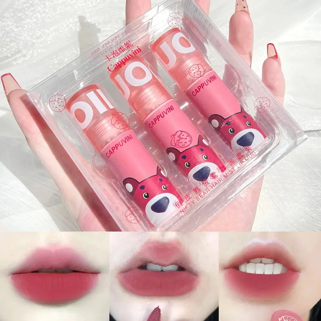 Three Sets Strawberry Bear Lip Mud Ventilated Nude Makeup Matte Lasting Matte Lipstick Affordable For Female Students