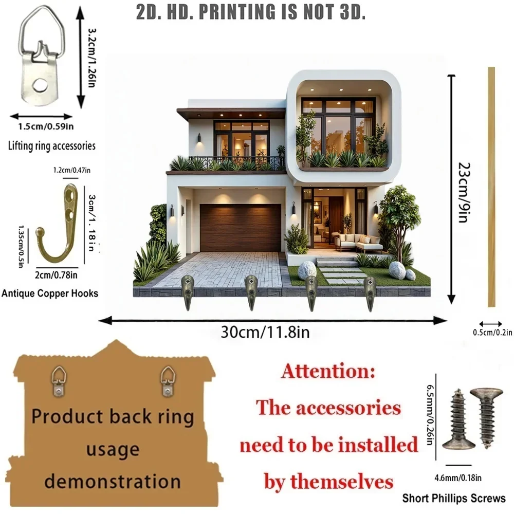 2D， Simple household wooden multifunctional key hook with four metal hooks, suitable for home, porch, room, seasonal decoration