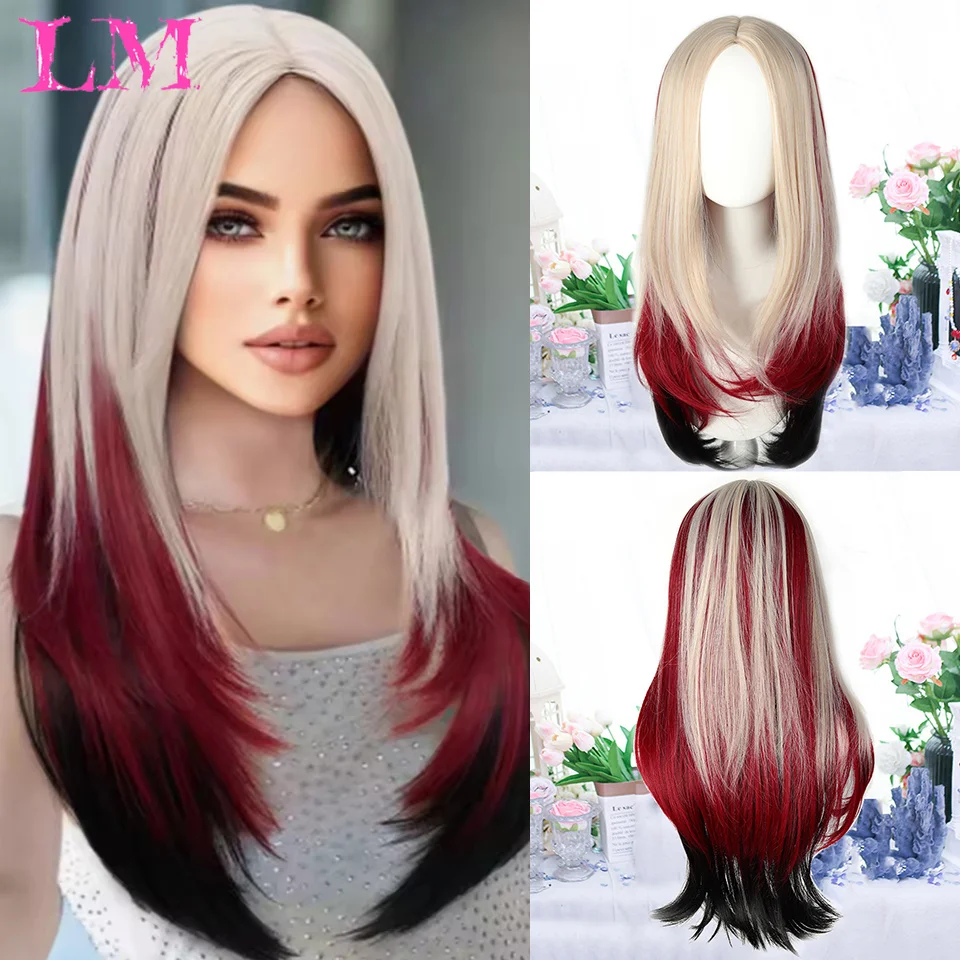 

LM женский синтетический парик Лолиты, длинные прямые омбре, двухцветные серые, красные волосы для косплея с челкой