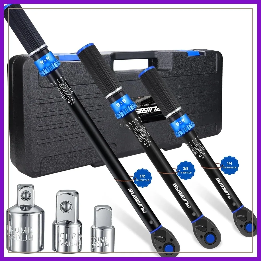 

1/2 3/8 1/4 Inch Drive Click Torque Wrench Set 10-170 FT.LB 5-50 FT.LB 20-240 IN.LB with Adapters