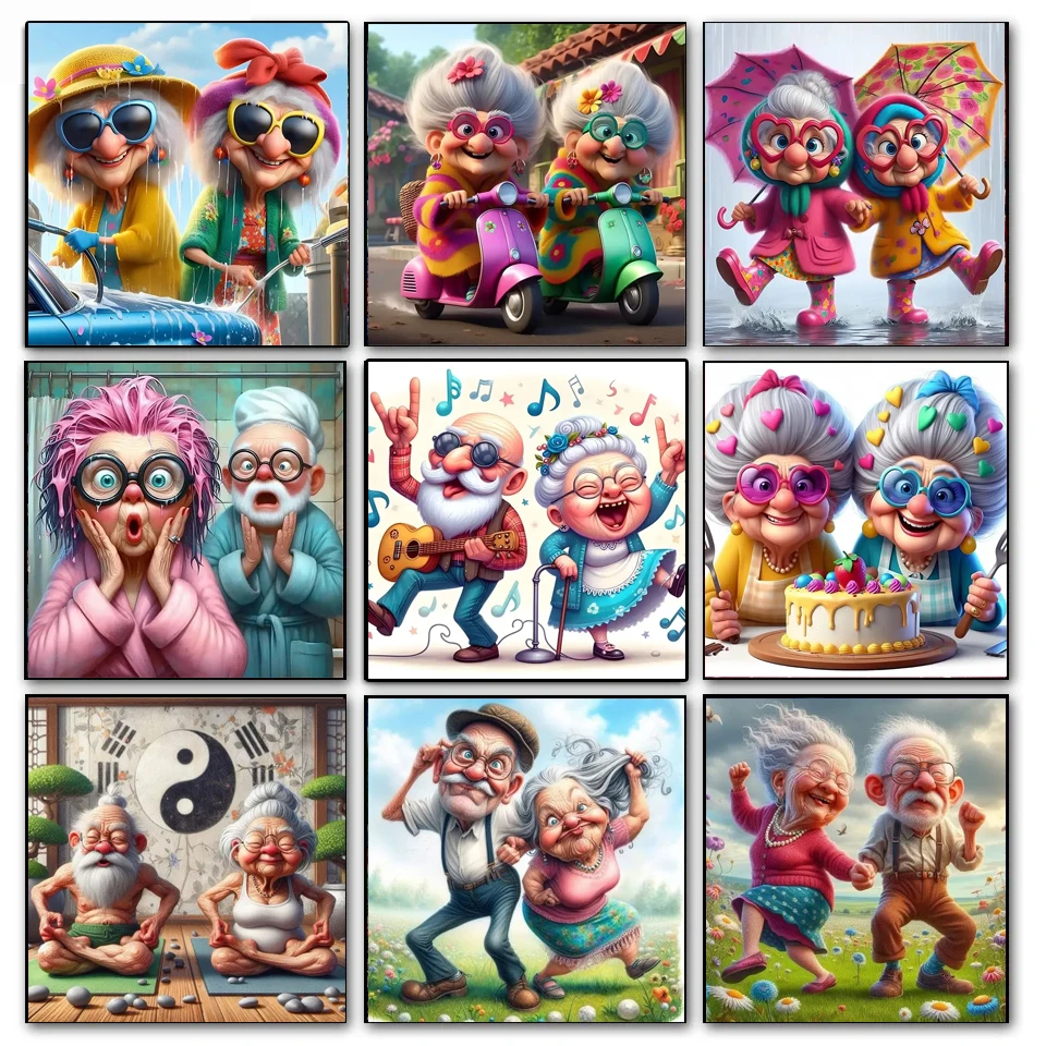 Funny Old Couple 5D DIY Diamond Painting Portrait New 2024 Full Diamond Embroidery Sassy Happy Grandma Handmade Mosaic Home Art