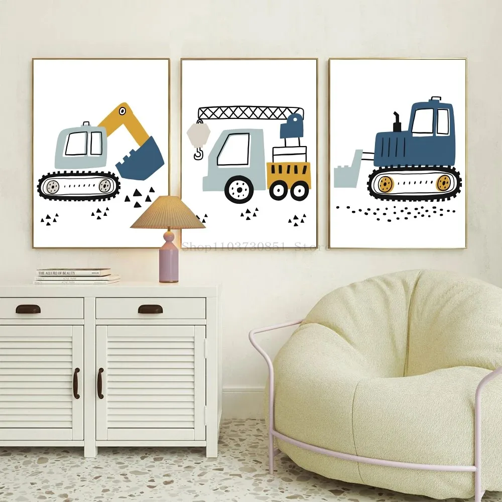 Children's Cartoon Car Digger Posters Stickers Living Room Bedroom Entrance Cafe Wall Art Decoration Painting Room Decor