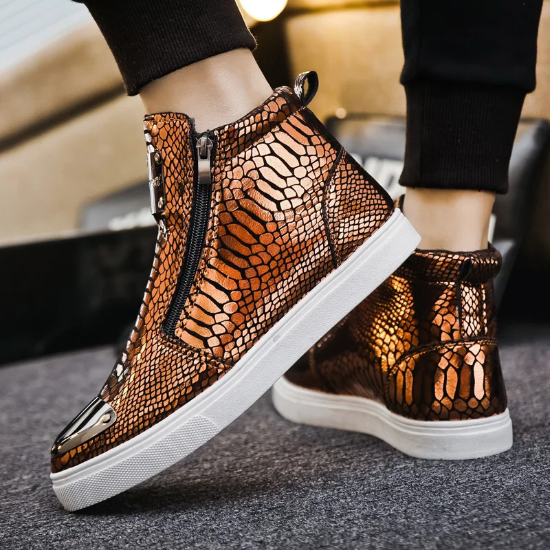 Baskets montantes en cuir de crocodile avec fermeture éclair pour hommes, chaussures décontractées dorées pour hommes, hip hop rock, mode de luxe,