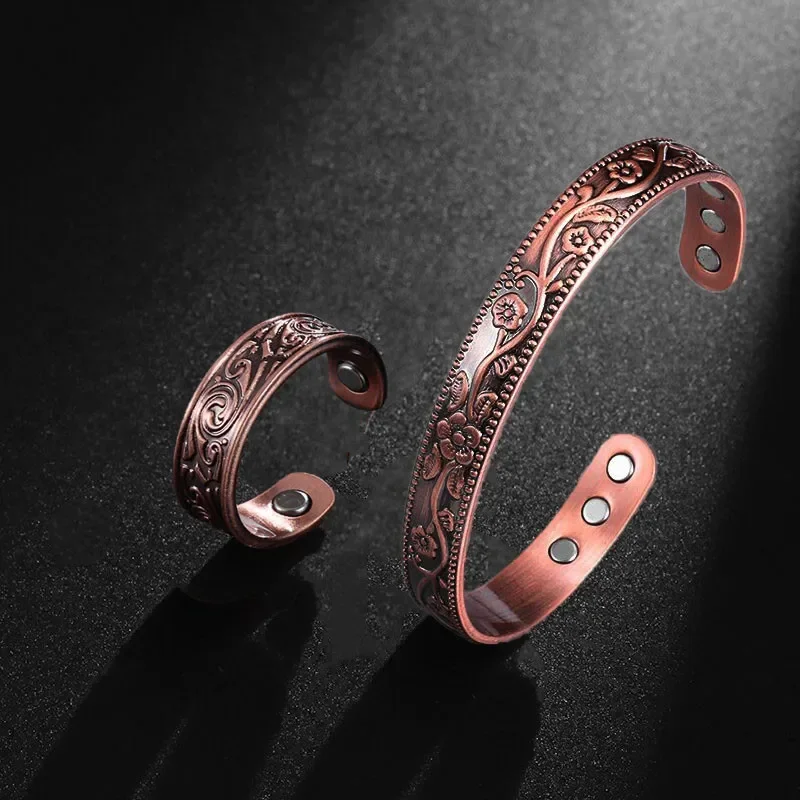 Magnetic Copper Bracelet Ring Set For Men and Women Vintage Flower Energy Cuff Bracelet Healthy Energy Ring