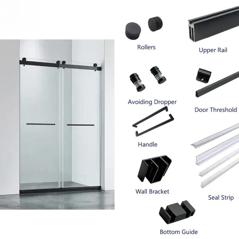 Modern black frameless glass shower door hardware kit, made of durable aluminum