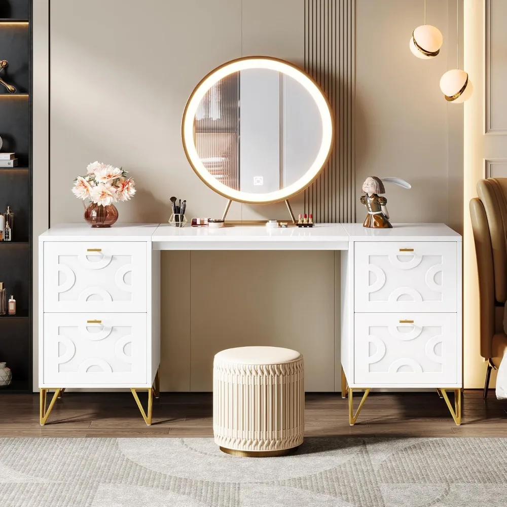 White and Gold Desk with Drawers, 59'' Modern Computer Desk with File Drawers, Work Table with Storage, Simple Wood Table with