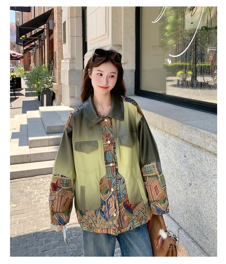 2025 Spring and Autumn New Pink Ethnic Print Leather Jacket Green Long Sleeve Turn-down Collar Loose Casual Leather Jacket