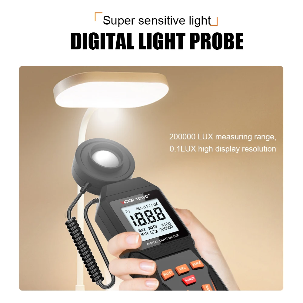 RuoShui 1010D Digital Light Meter Max 200,000Lux Luxmeter Luminance Lux Fc Test Illuminometers Photometer Auto LCD Illuminometer