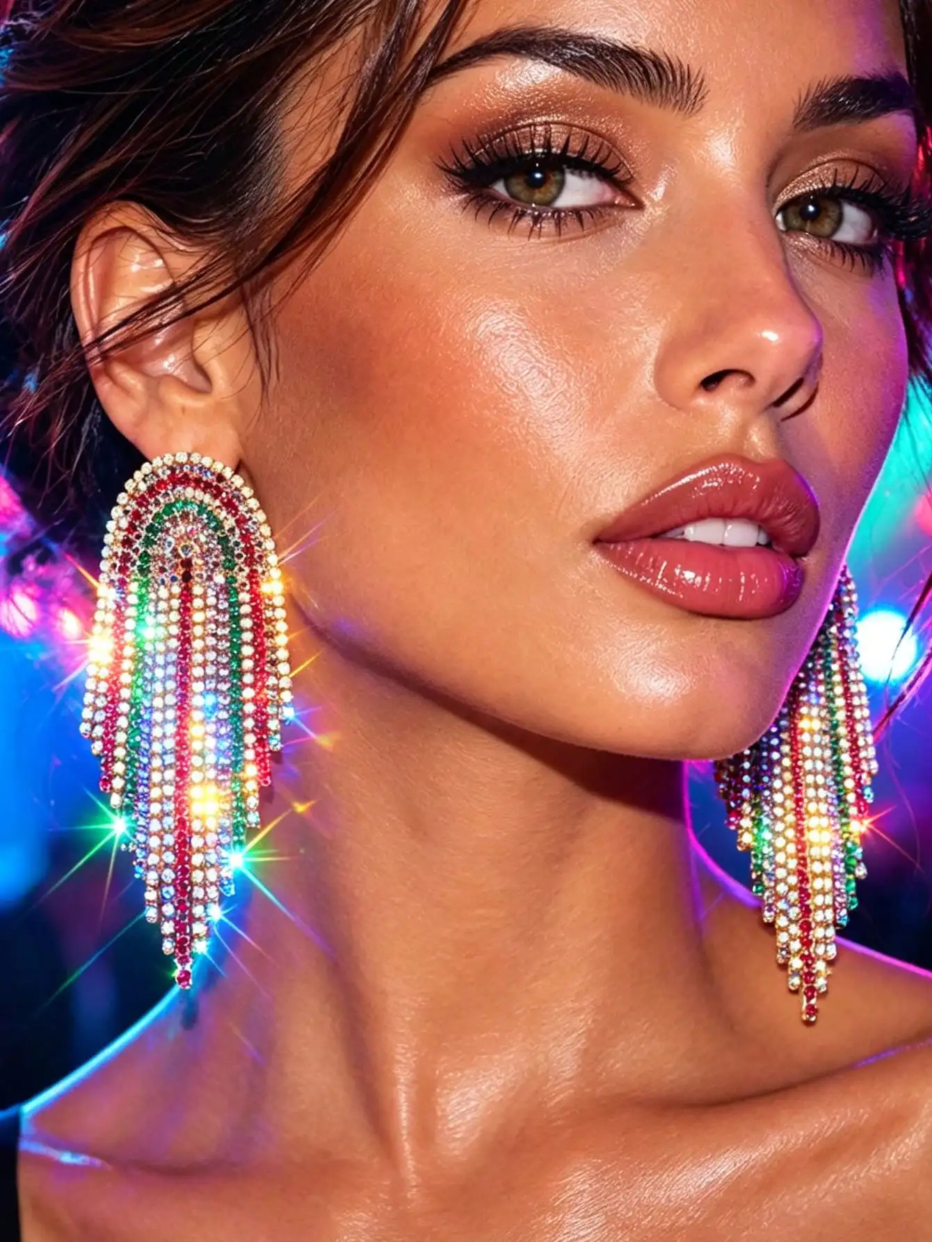 Bunte Strass-Ohrringe mit langen Quasten für Damen, glitzernde Regenbogen-Kristall-Fransen-Ohrringe als Statement-Accessoire für Party und Club – Detail 2
