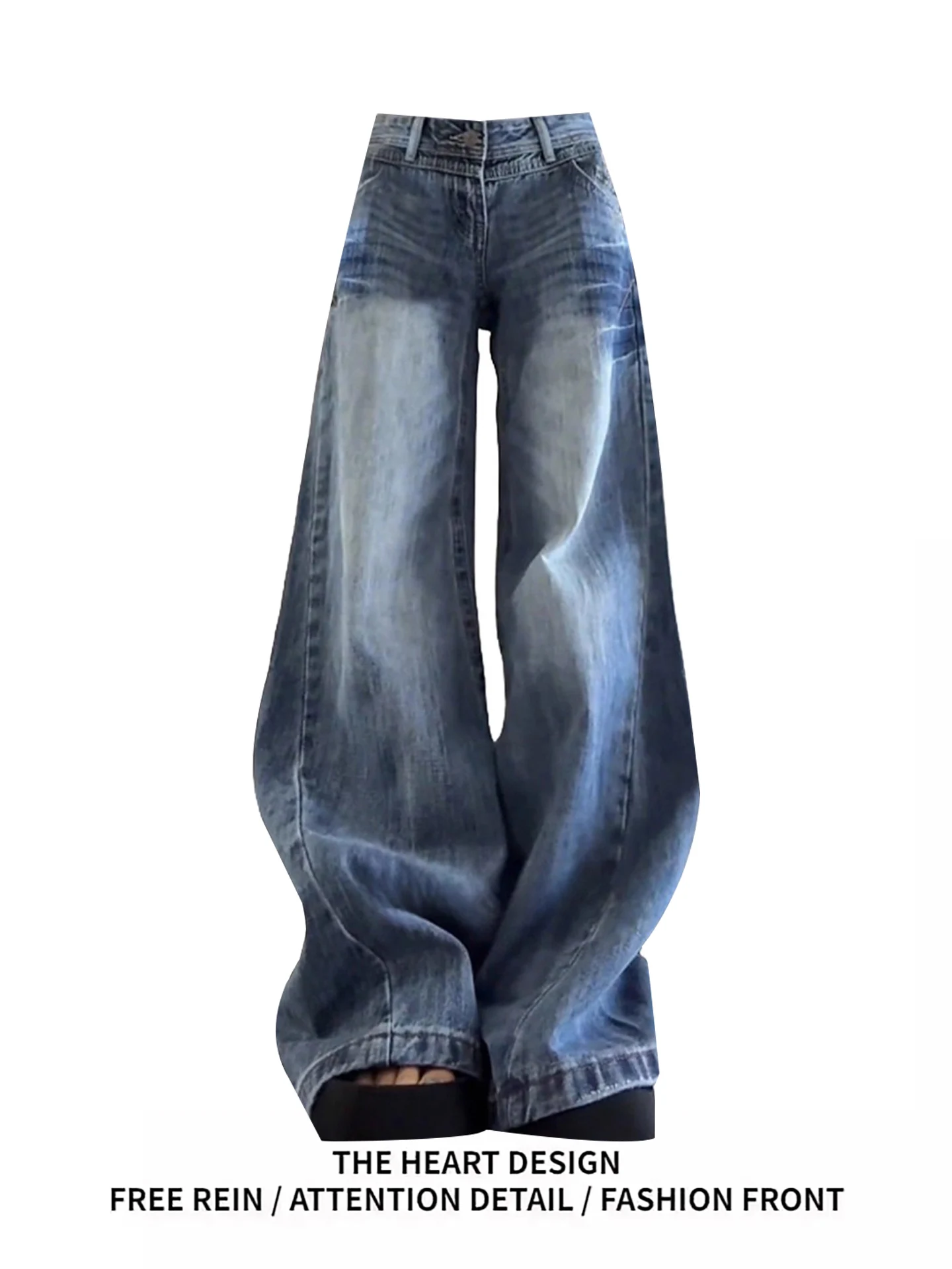 

Retro American Low Waist Faded Washed Fleece Lined Wide Leg Straight Cut Denim Jeans Women's Thickened Autumn Winter Loose Fit