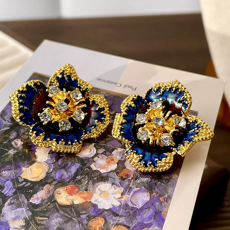 

European And American Fashion Blue Petal Earrings Exude Atmosphere Elegant Sophisticated Floral Studs Exquisite Design Jewelry