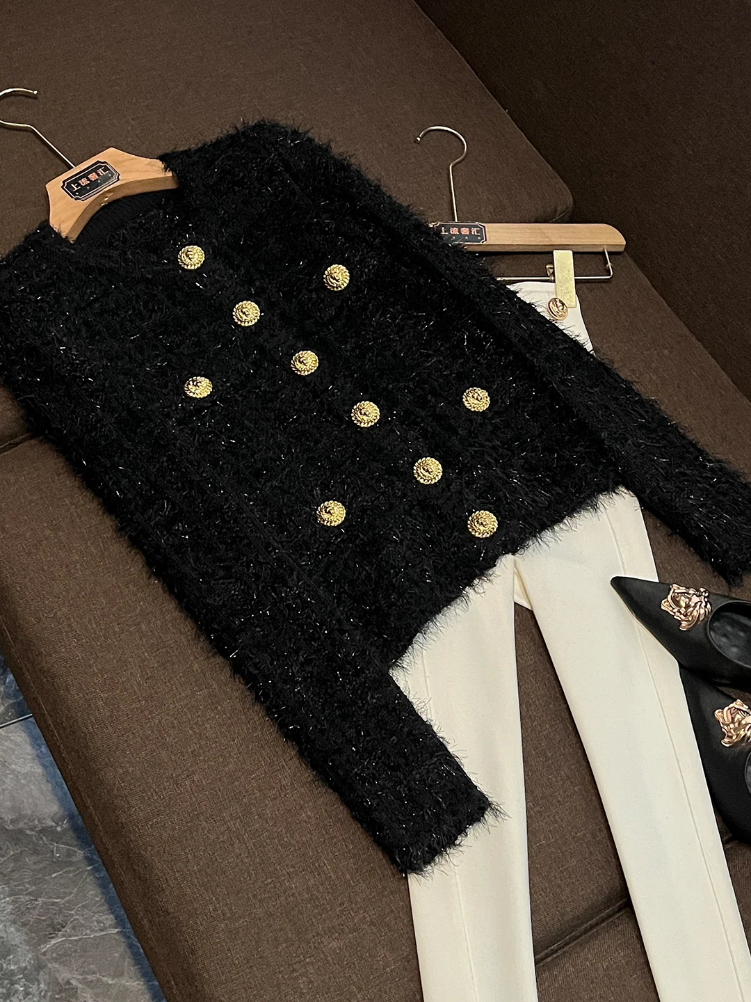 

Winter Women's Knitwear Coat Long Sve round Ne Double Buttoned Commute Sle F0329 Soft Polyester Fiber