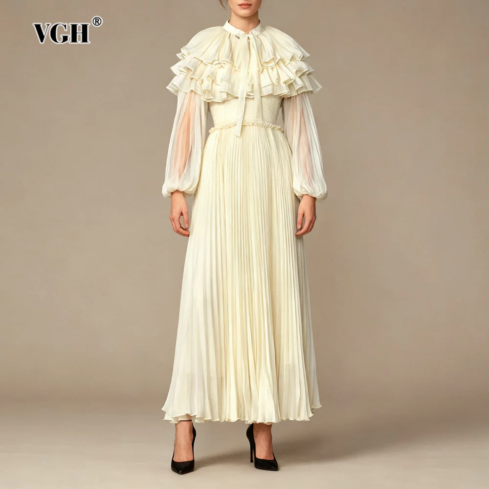 

VGH Fashion Runway Patchwork Ruffles Dresses for Women O Neck Spliced Lace Up Long Sleeve Slim Pleated Fairy Maxi Dress Female
