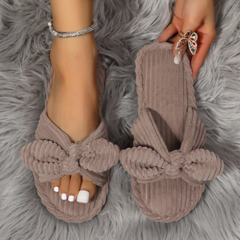 2026 Winter New Trendy Corduroy Indoor Cotton Slippers EVA Anti Slip Flat Shoes for Woman Sweet Bowknot Cozy Women's Slippers
