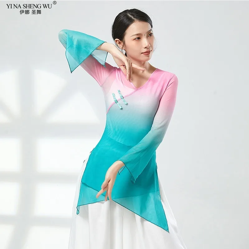 New Style Classical Dance Clothes Gradient Color Tops Chinese Folk Dance Costumes Women\'s Gauze Dance Practice Clothes Tops