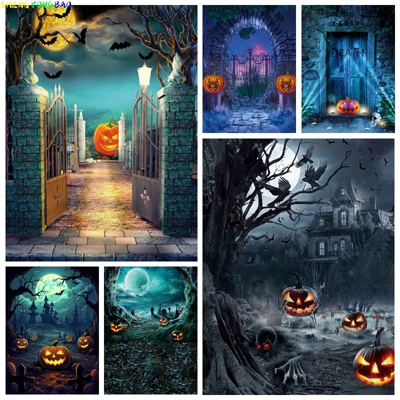 

Horror Forest Night Halloween Backdrop for Photography Scary Pumpkin Lantern Tombstone Skull Photography Photo Background Props