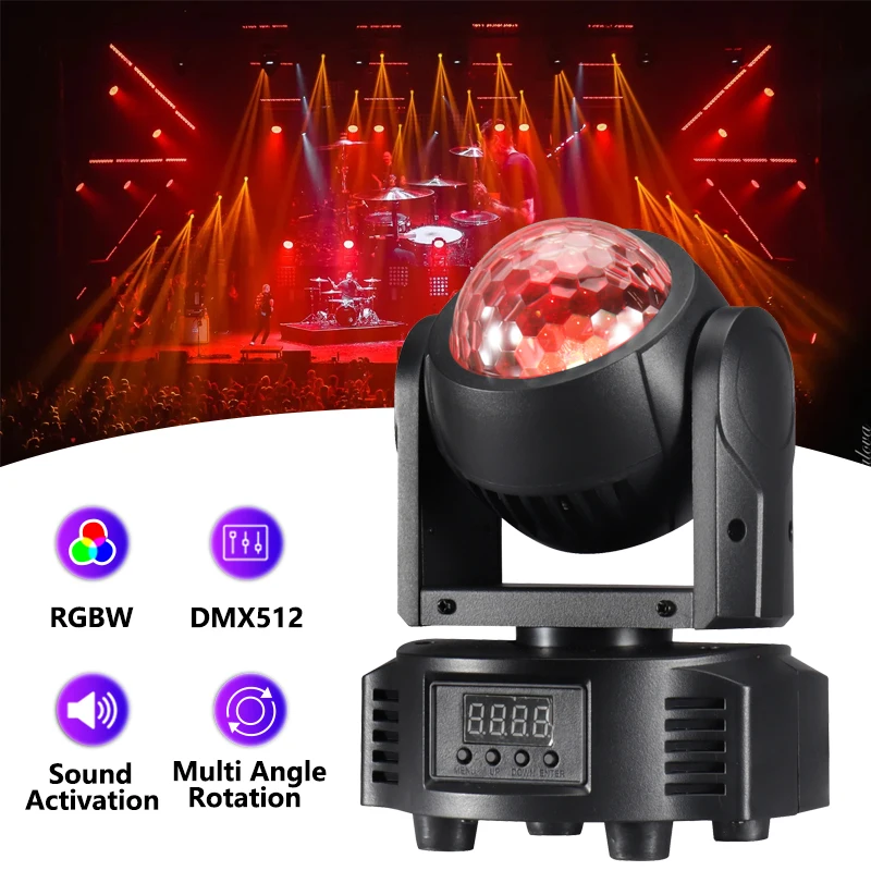 LED Moving Head Light RGBW Moving Head Disco Ball And Stage Effect Lighting With Sound Activated DMX Control For DJ Disco Party