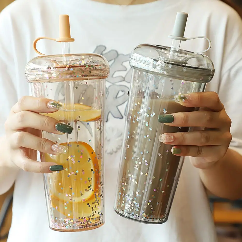 Reusable Plastic Tumbler with Straw Transparent Straw Cup with Sequins Decor Leak-proof Reusable Plastic Sippy Cup for Students