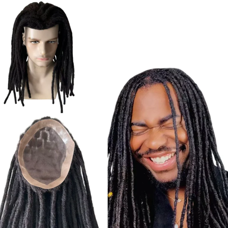 

16 Inches Dreadlocks Indian Virgin Human Hair Hairpieces Black Color 1B 8x10 Mono Lace Unit for Black Men