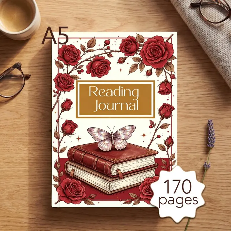 A5 Reading Journal,Vintage Rose & Butterfly Design,Perfect Reading Tracker with Review Pages, Ideal Gift for Reading Lovers