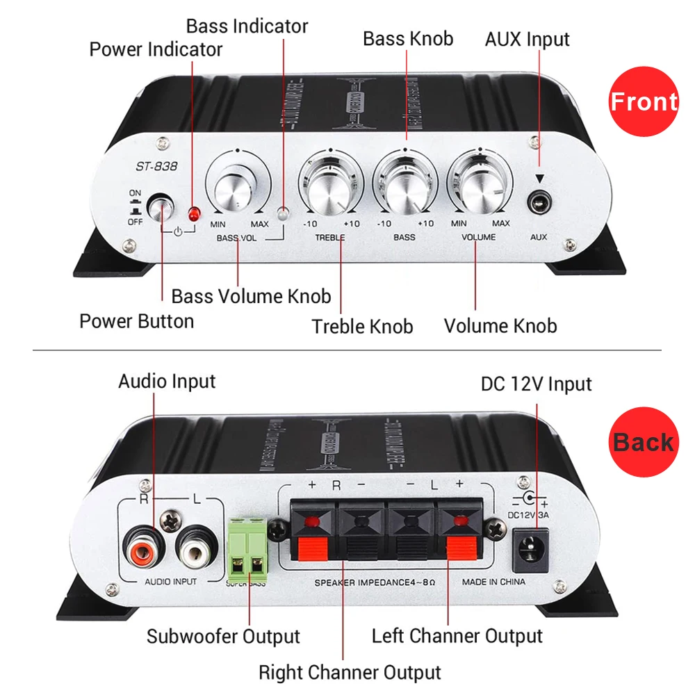 Woopker 오디오 앰프 St-838 채널 2.1 HiFi 강력한 스테레오 베이스 사운드, RMS 디지털 서브우퍼, 20W x 2 40W