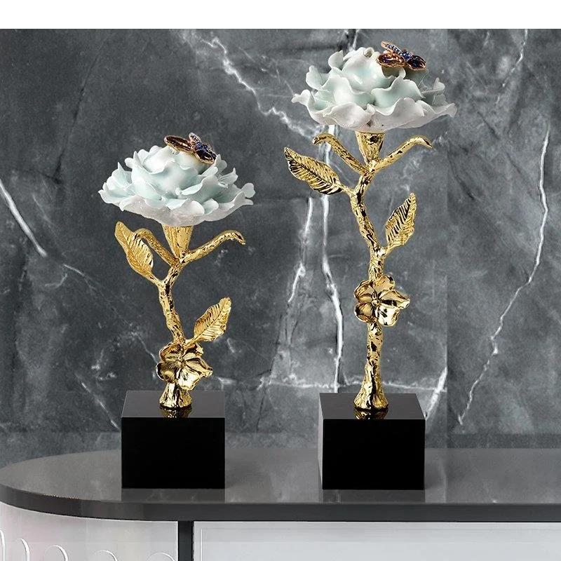 

Brass Flower Decorative Statue Marble Base Ornaments Desk Decoration Metal Crafts Sculpture Room Aesthetics Decor