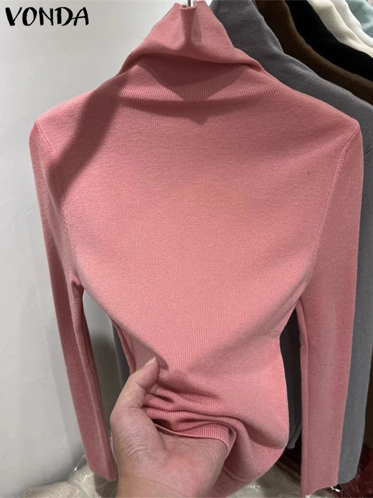 

VONDA модные пуловеры, свитера, женские водолазки, вязаные джемперы, осень-зима 2022, одежда с длинными рукавами, однотонные базовые мягкие топы