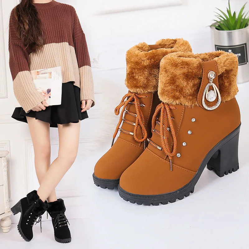 

Women's Platform High Heels Snow Boots Women Fur Warm Flip Winter Lady Ankle Boots Fashion Casual Cozy Short Boots Zapatos Mujer