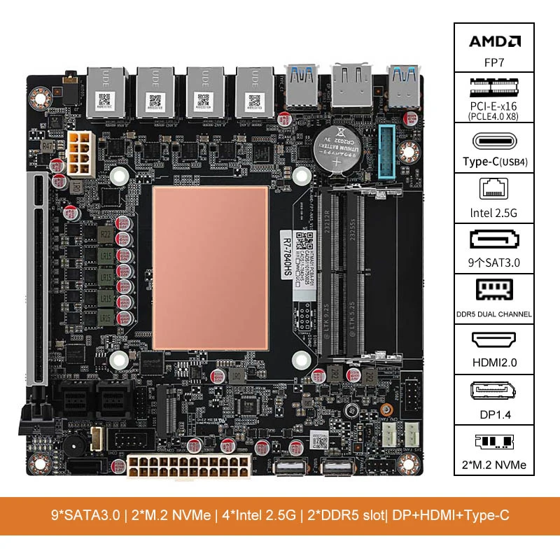 AMD Ryzen 7 8845HS 9 Bay NAS Board 4*i226 2.5G 2*M.2Nvme PCIE 16X Dual DDR5 Channel Tpye-C HDMI DP 4K@60Hz 17X17 Mini ITX Board