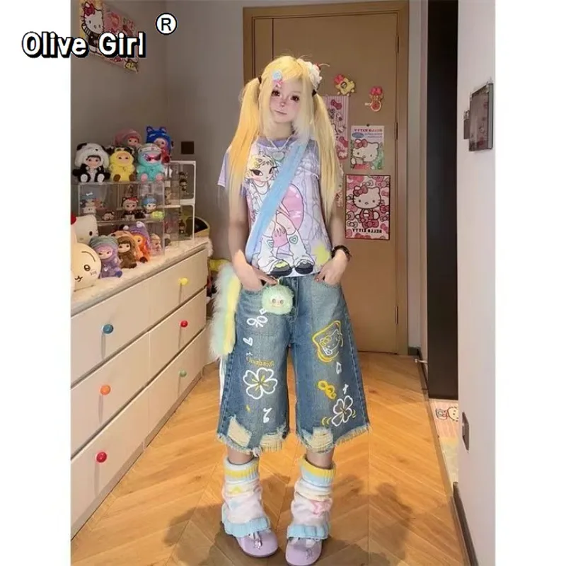 Olivegirl American Cartoon Graffiti Wide Leg Jeans Y2k Women Trousers Hiphop 2026 Spring Pleated Loose Shorts Mid Denim Pants