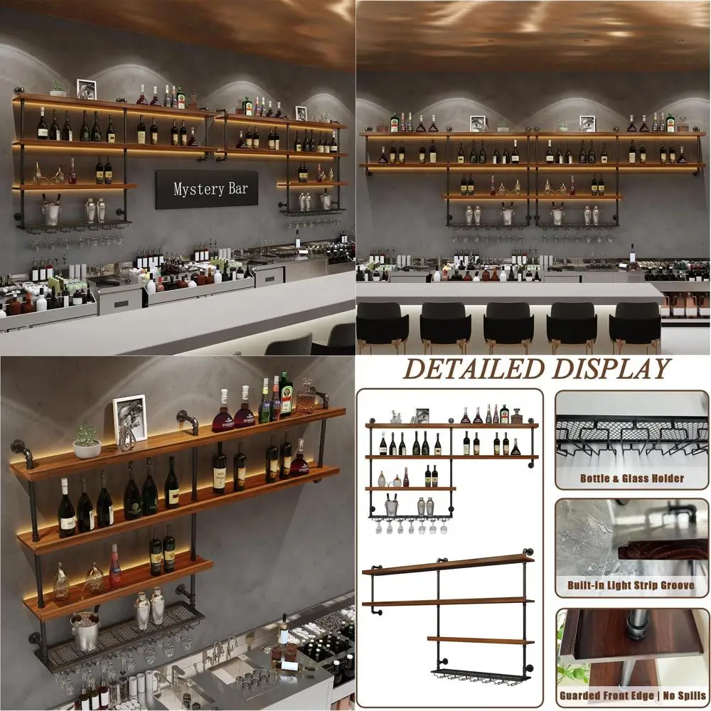 

Solid Wood Wall Mounted Wine Rack, Large Wine Rack with LED Light, 4 Tiers Liquor Bottles loating Shelves with Glass Holder, Ind