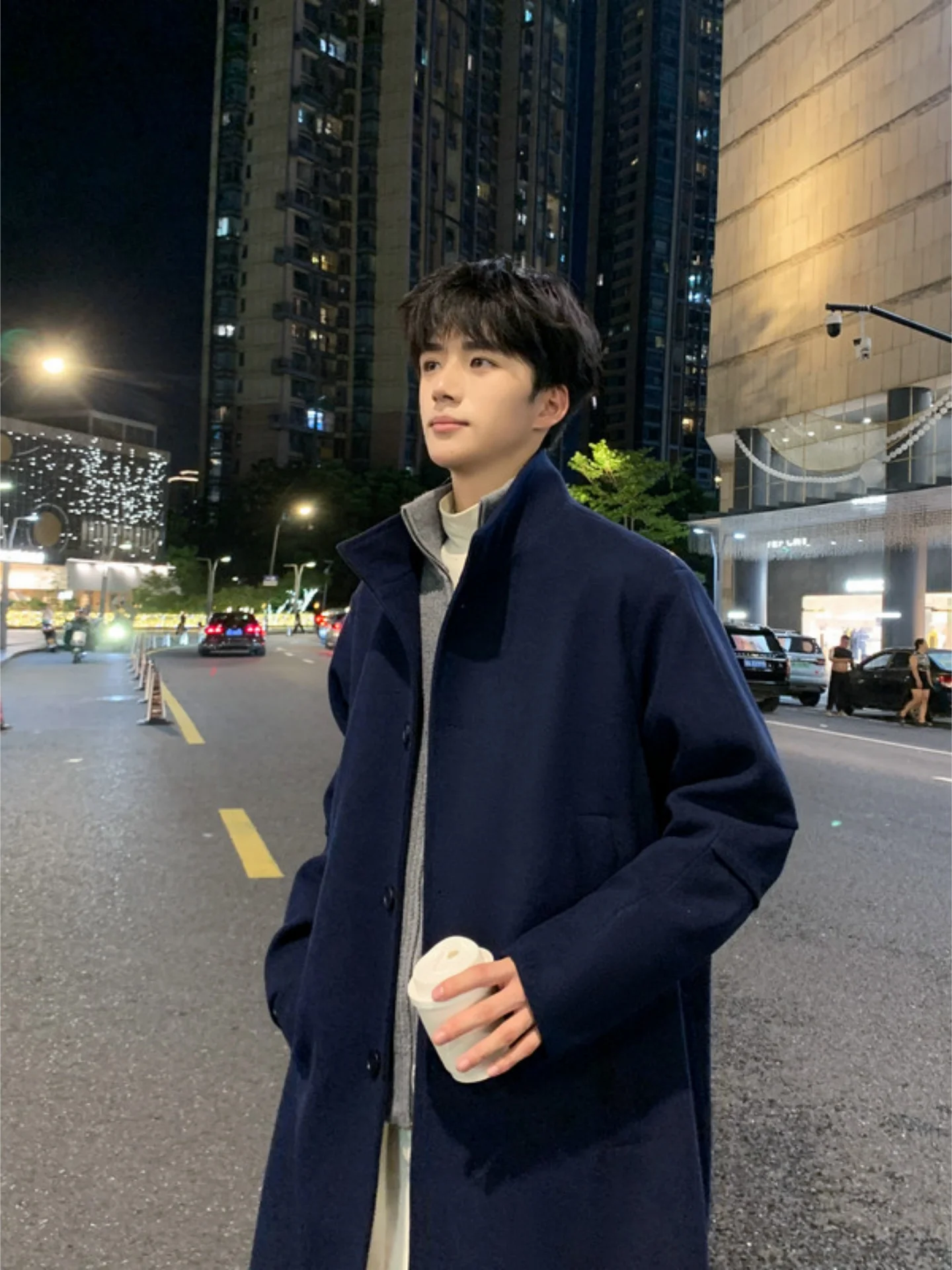 

Модное мужское шерстяное пальто средней длины цвета синий индиго с воротником-стойкой, ветрозащитное, премиум-класса, для осени и зимы, в британском стиле