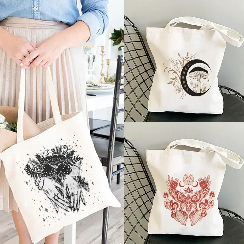 Mushroom Vegan Handbag Cottagecore Skull Tote Bag Mystical Canvas Bag Cute Boho Dark Flowers Shoulder Bag Witch Bag Gift for Her