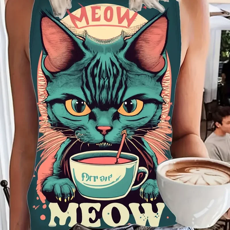 Fashion Women's Crew Neck Vest Printed Kitten Pattern Oversized Women's Loose Top Y2K Style Vest Summer Casual Breathable Vest